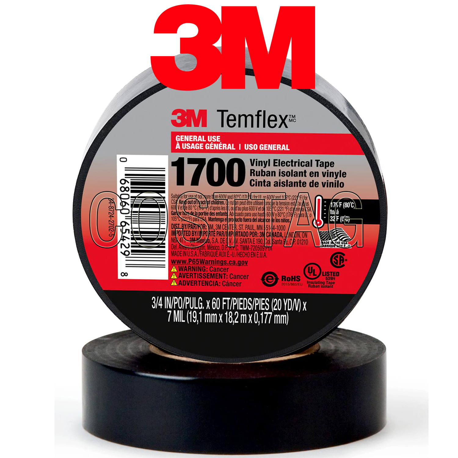 (50 ROLLS) GENUINE 3M TEMELEX 1700 VINYL ELECTRICAL TAPE UL, BLACK 3/4 x 60 FT