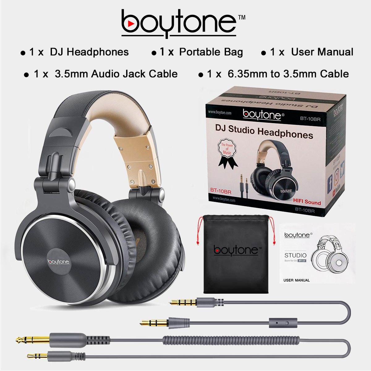 Boytone BT-10BR Wired Over Ear Headphones Studio Monitor & Mixing DJ Stereo Headsets with 50mm Drivers
