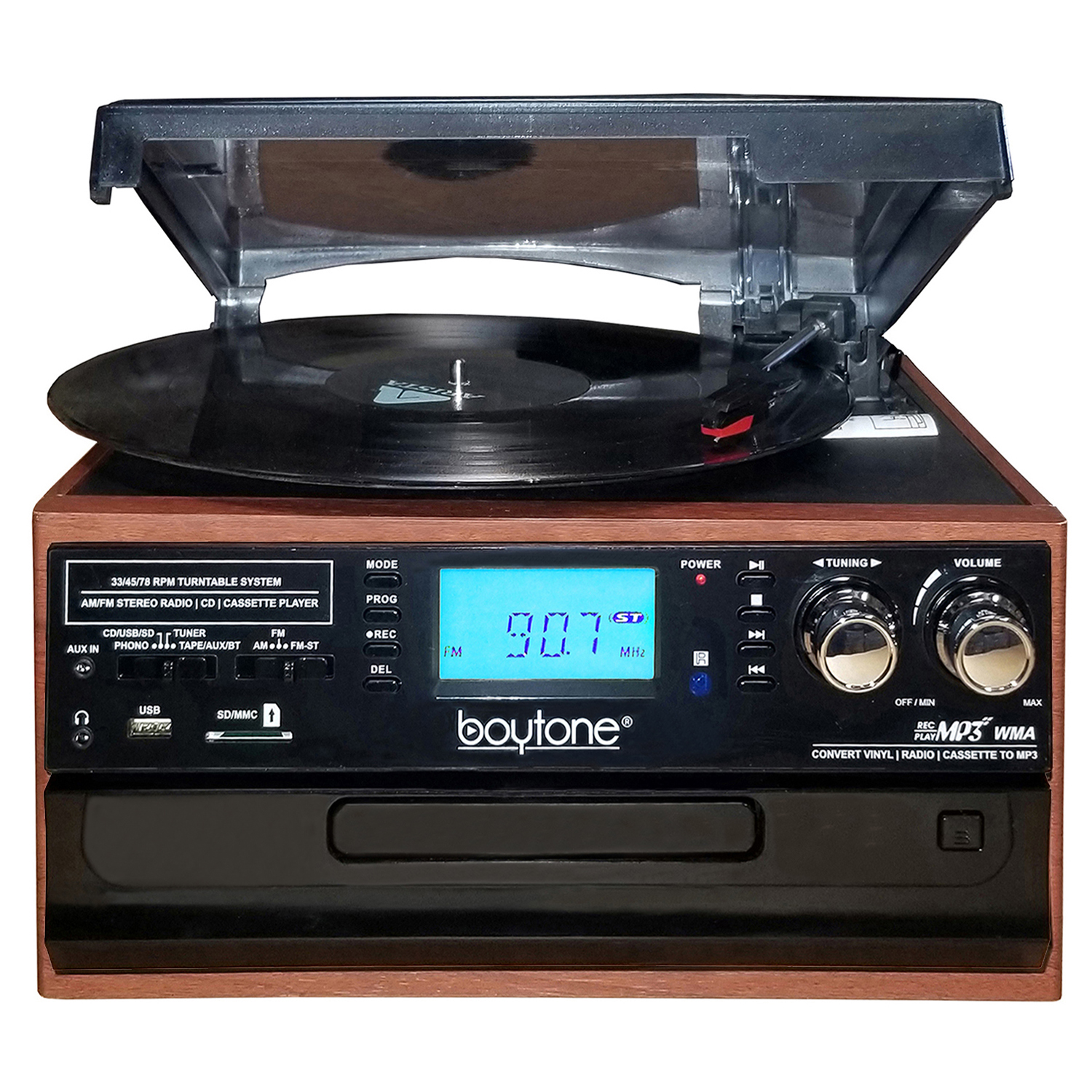 Boytone BT-22MS, Bluetooth Record Player Turntable, AM/FM Radio, Cassette, CD Player