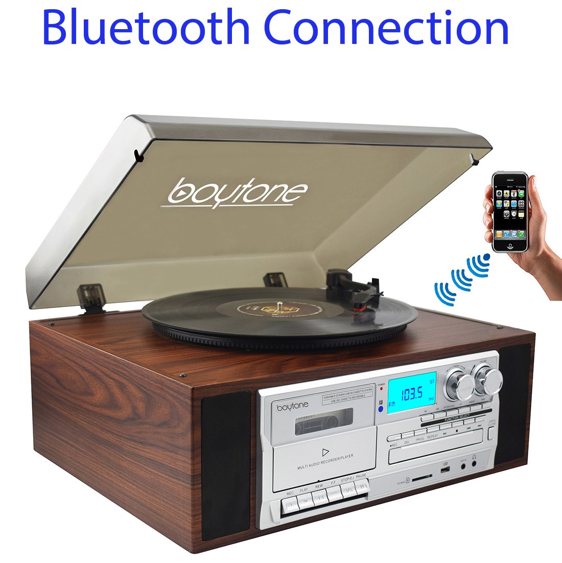 Boytone BT-38SM, Bluetooth Classic Style Record Player Turntable with AM/FM Radio, CD / Cassette Player