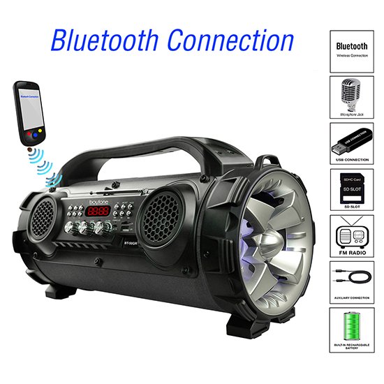 Boytone BT-50GR Portable Bluetooth Speaker, Indoor/Outdoor 2.1 Hi-Fi Cylinder Built-in 2 x 5 Subwoofer